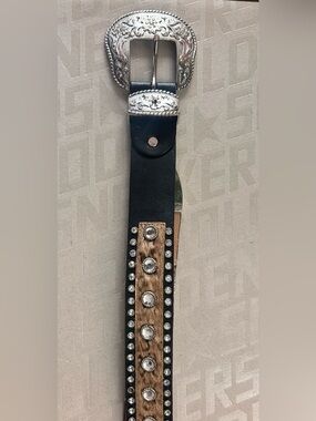 Vintage Western Horse Hair Leather Belt with Crystal & Hair-On Detail